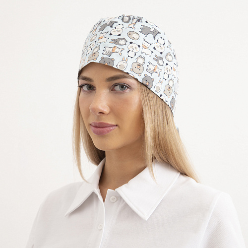Шапочка медицинская, принт "Зверята", голубой