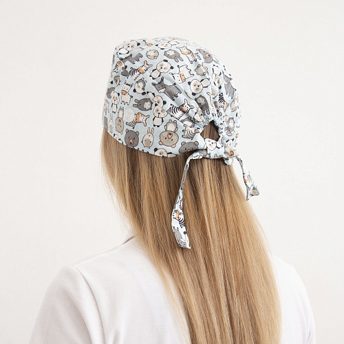 Шапочка медицинская, принт "Зверята", голубой