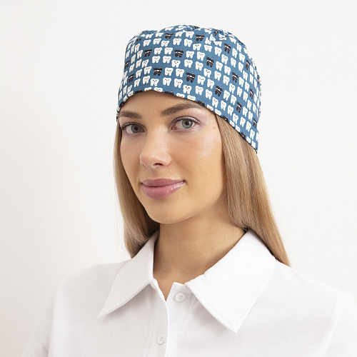 Шапочка медицинская, мелкий принт "Зубы", синий